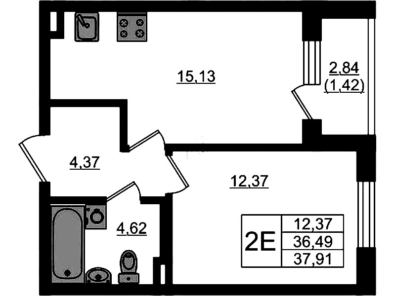 1-комнатная квартира 37.91 м², 1/4 эт., ЖК «Новая история»